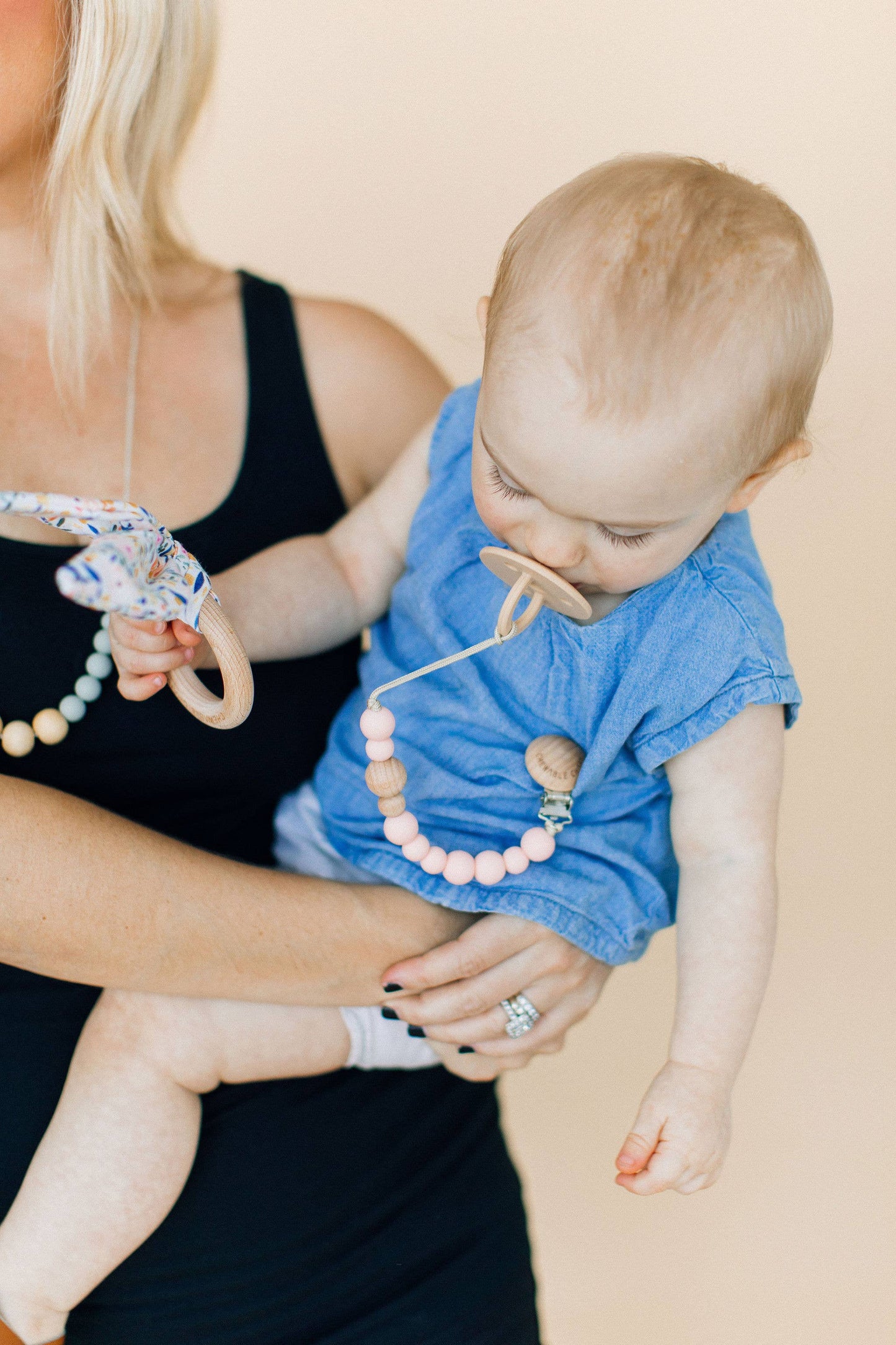Classic Pacifier Clip | Wood + Pale Blush