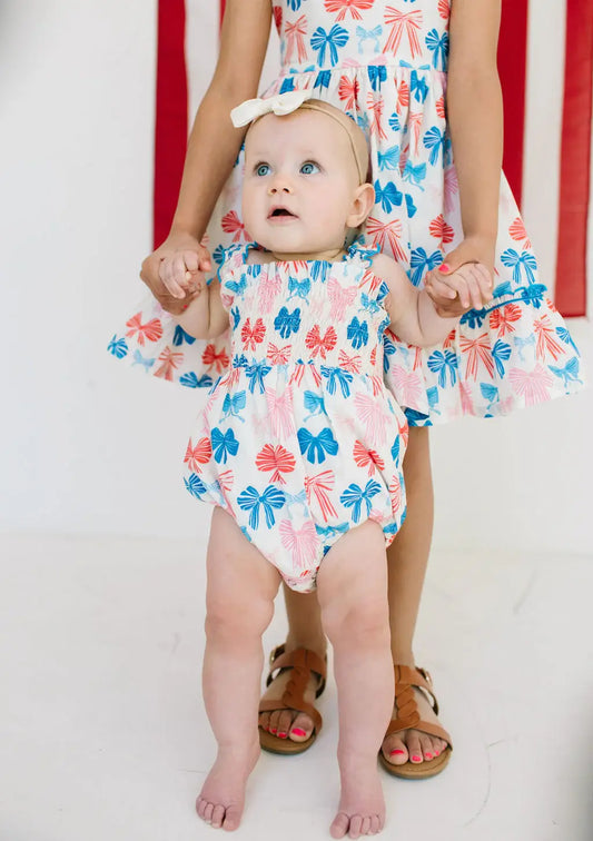 Maylen Poplin Bubble Romper | Patriotic Bows