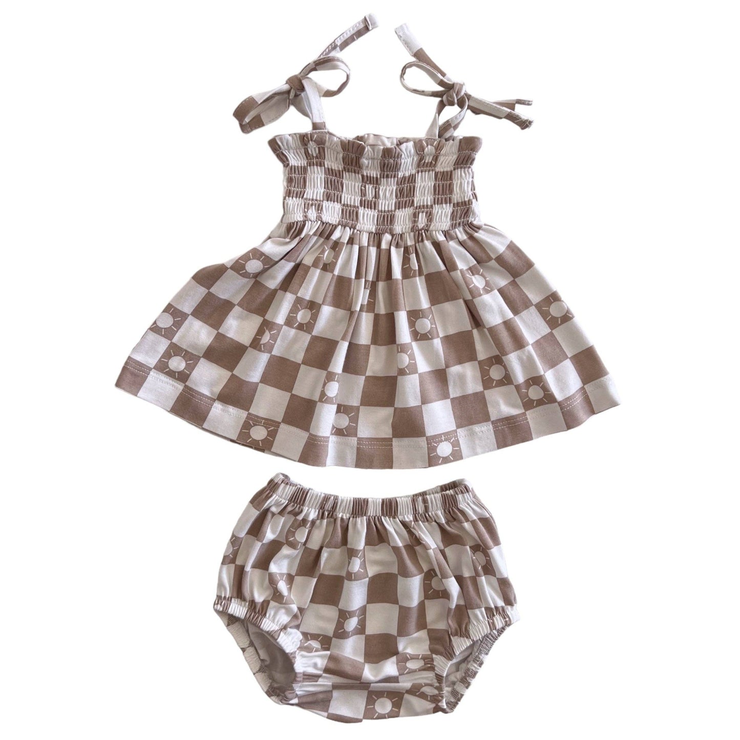 Smocked Set, Tan Sun Checkerboard