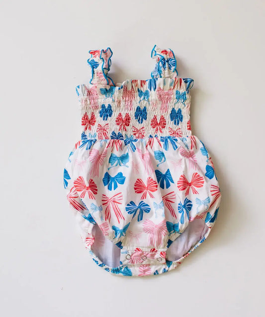 Maylen Poplin Bubble Romper | Patriotic Bows