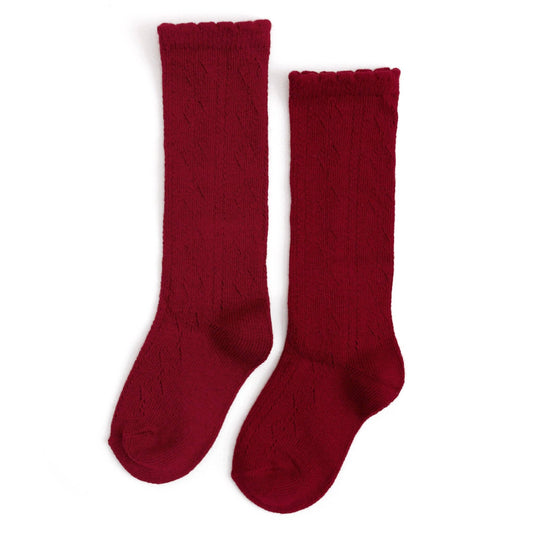 Scalloped Fancy Knee High Socks - Crimson