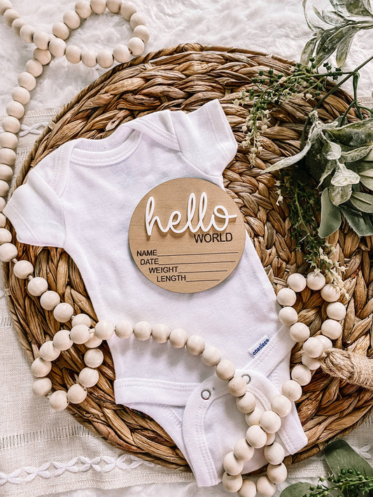 Hello World Birth Stat Wood Sign