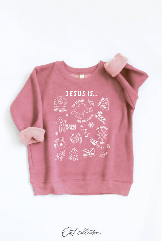 Pink sweatshirt with white text and graphics on a mauve background