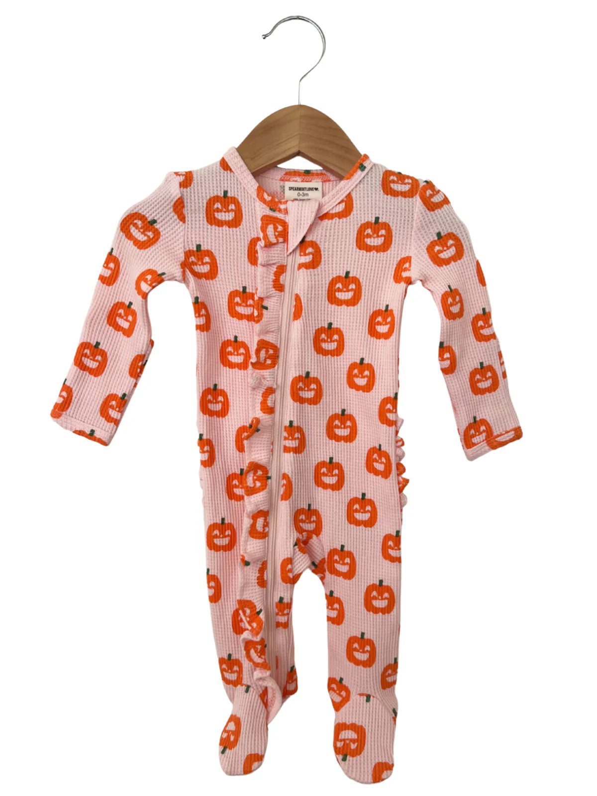 Organic Waffle Ruffle Zip Footie | Blush Jack-O-Lantern