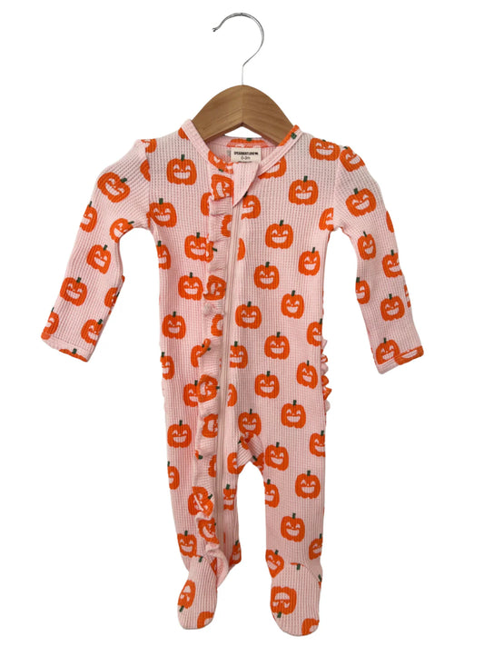 Organic Waffle Ruffle Zip Footie | Blush Jack-O-Lantern