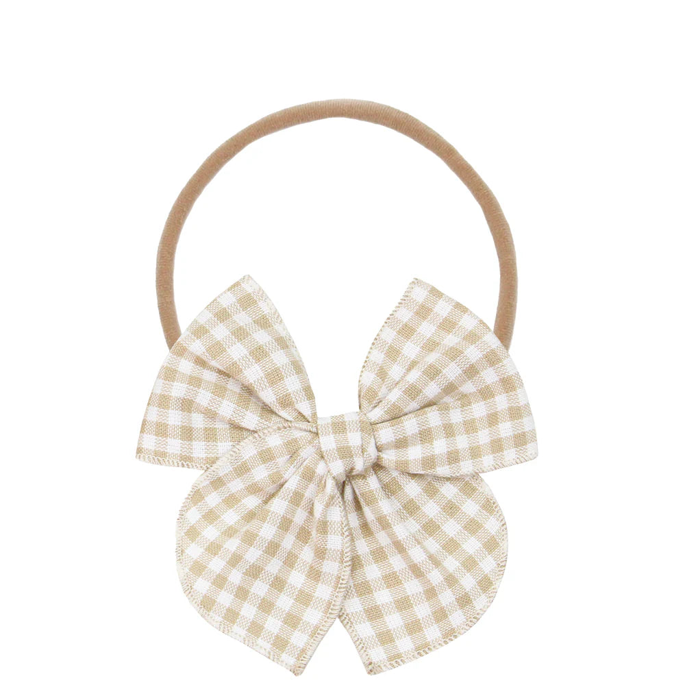 Tan Gingham Heirloom Bow | Nylon Headband