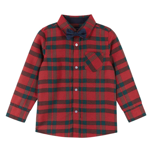 Holiday Plaid Button Down Shirt & Bowtie Set | Red, Navy & Green
