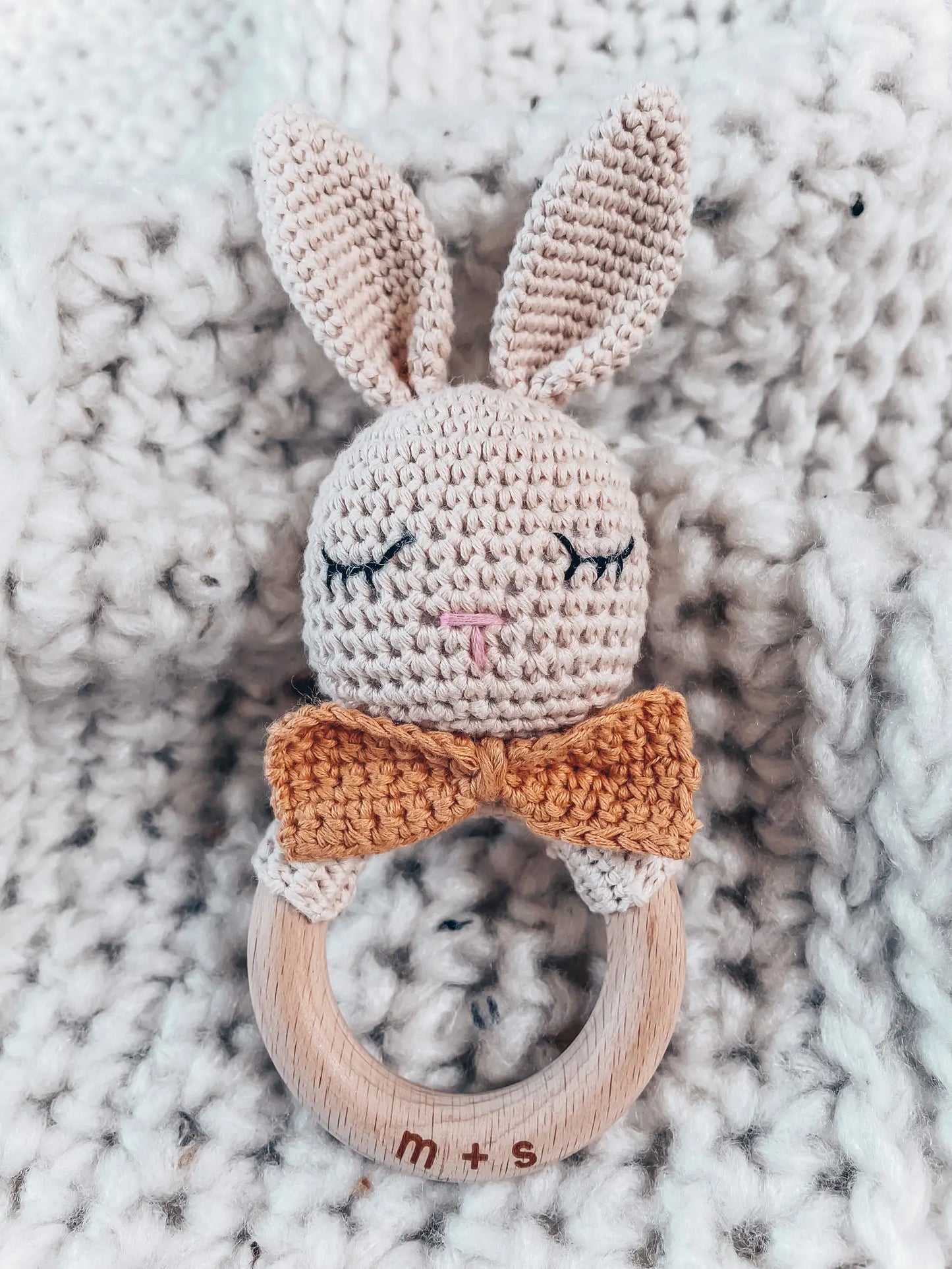 Bowtie Bunny Hand Crochet Rattle | Beige