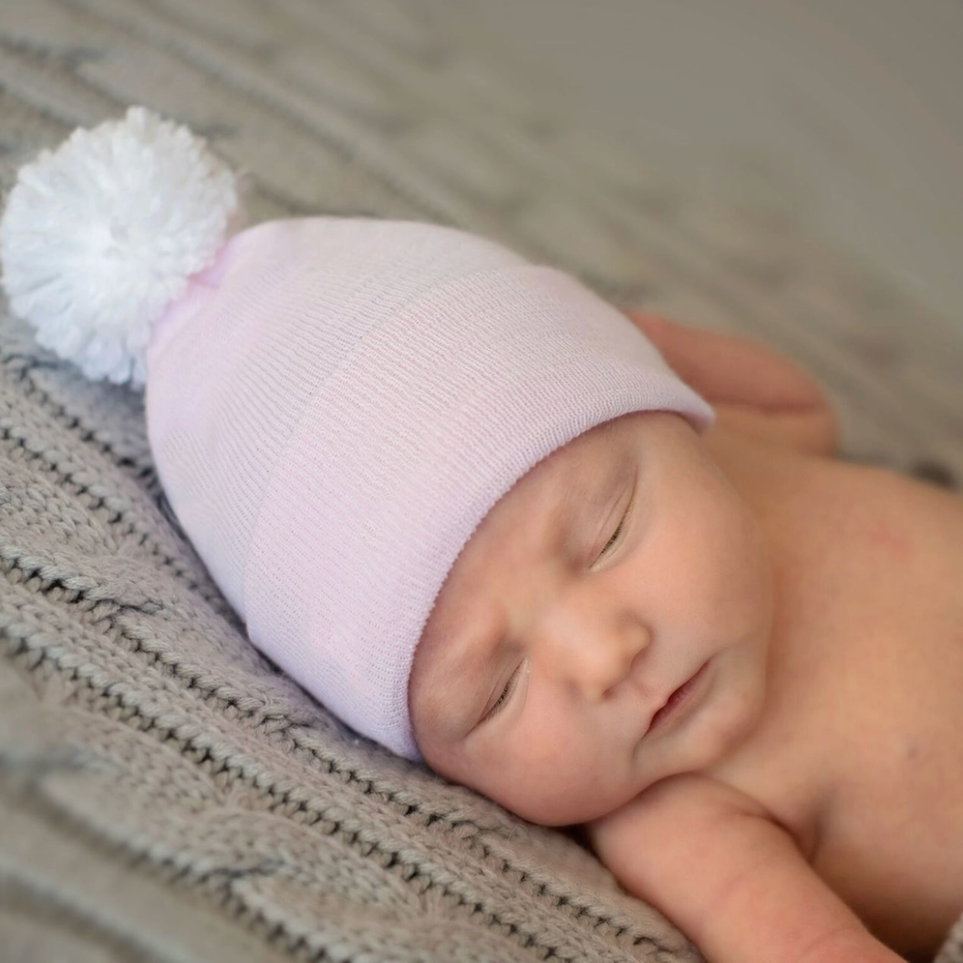 Newborn Hospital Hat with Pom | Pink with White Pom