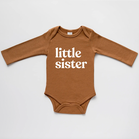Long Sleeve Little Sister Onesie | Camel