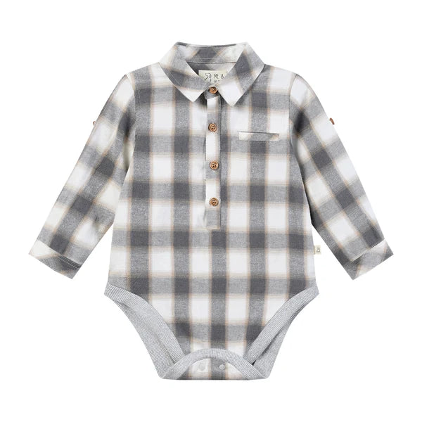 Grey, White & Beige Plaid | Jasper Woven Collared Onesie