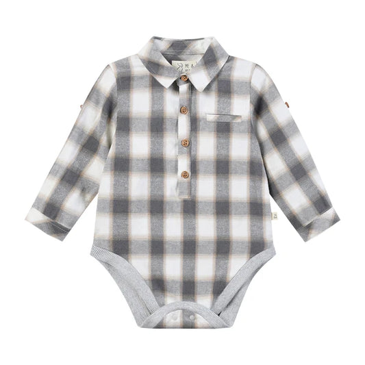 Grey, White & Beige Plaid | Jasper Woven Collared Onesie
