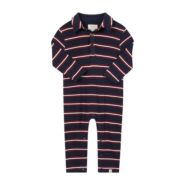 Kingston Polo Romper | Navy & Burgundy Stripe