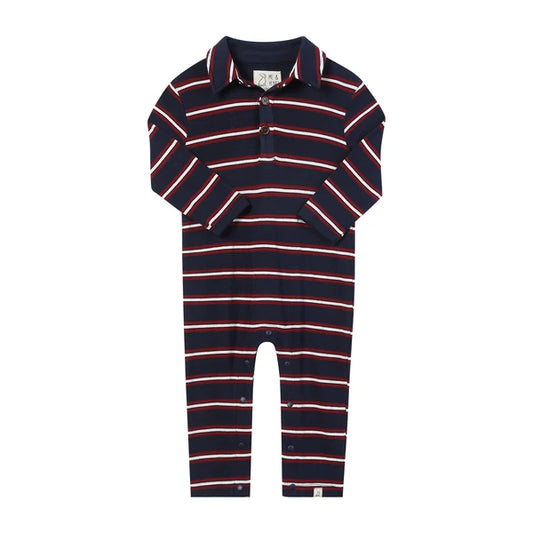 Kingston Polo Romper | Navy & Burgundy Stripe