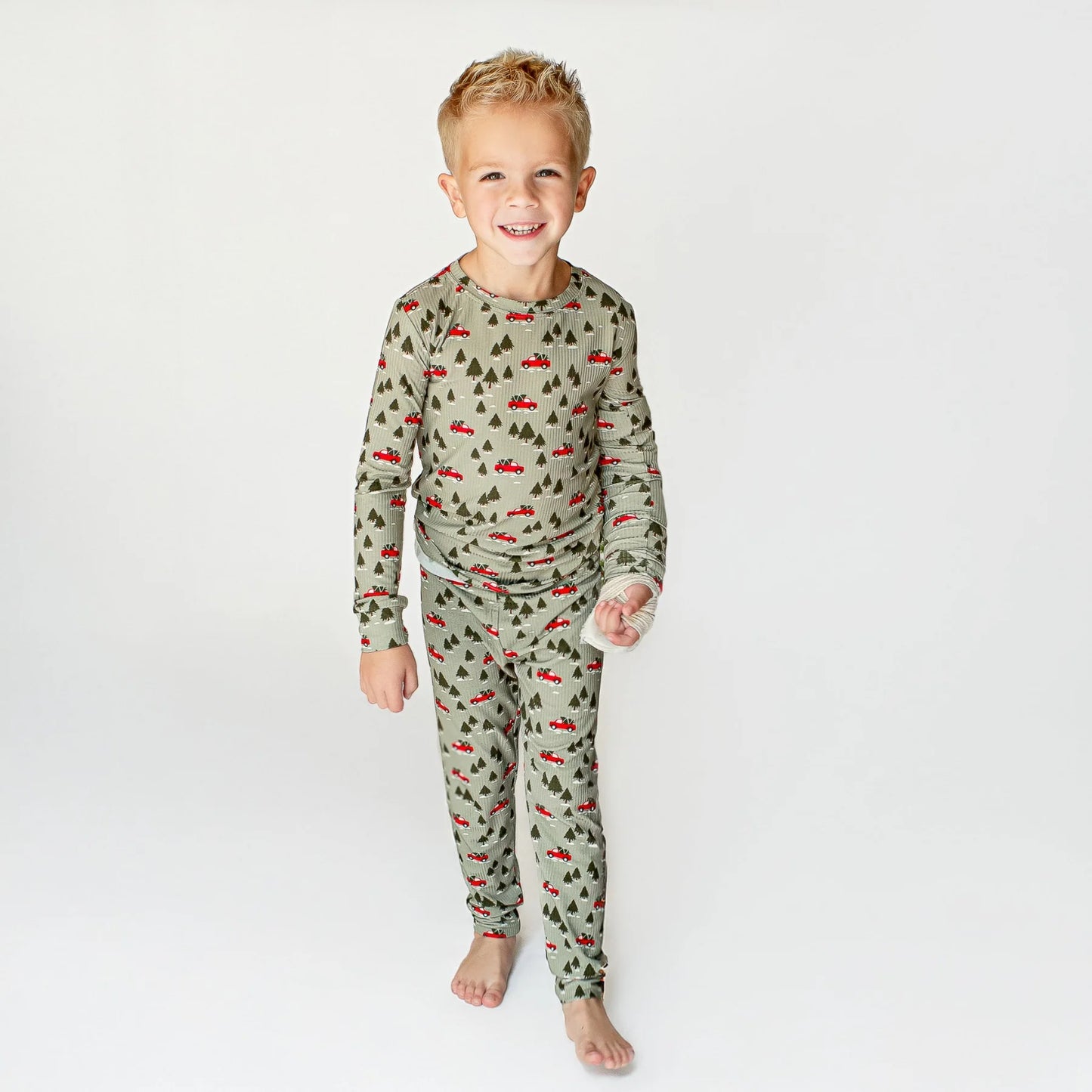 Ribbed Two-Piece Bamboo Pajama Set | Red Christmas Trucks