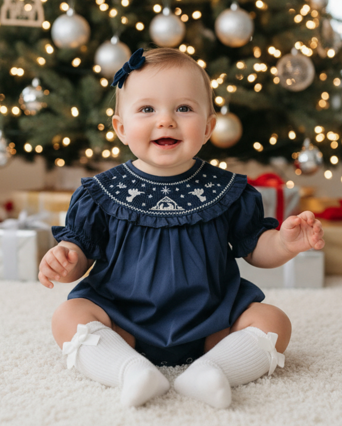 Nativity Smocked Ruffle Romper | Navy Blue (18-24M)