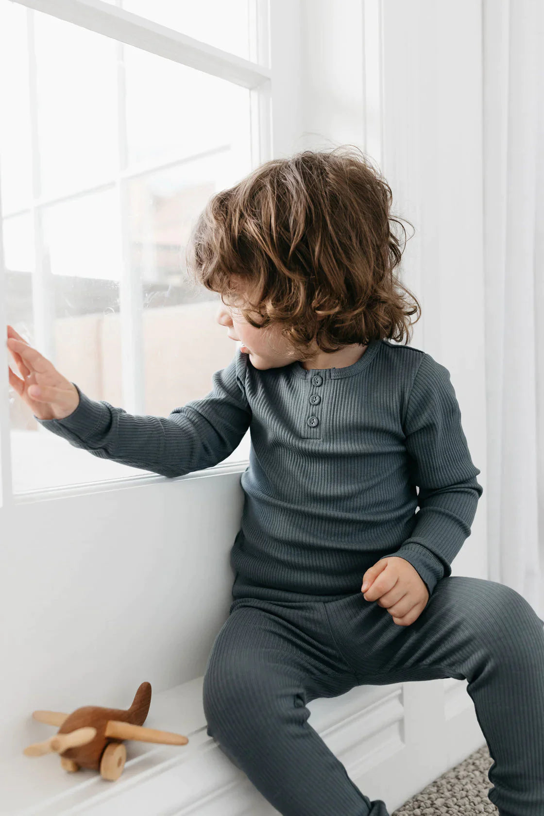 Modal Long Sleeve Ribbed Henley | Smoke