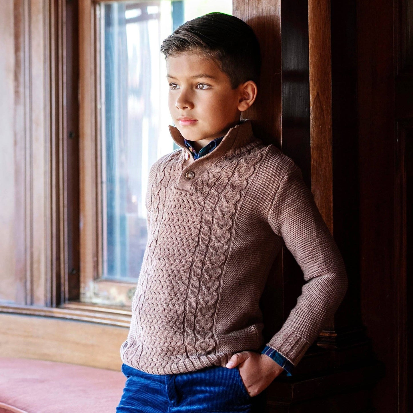 Organic Mock Neck Cable Sweater | Cinnamon Heather