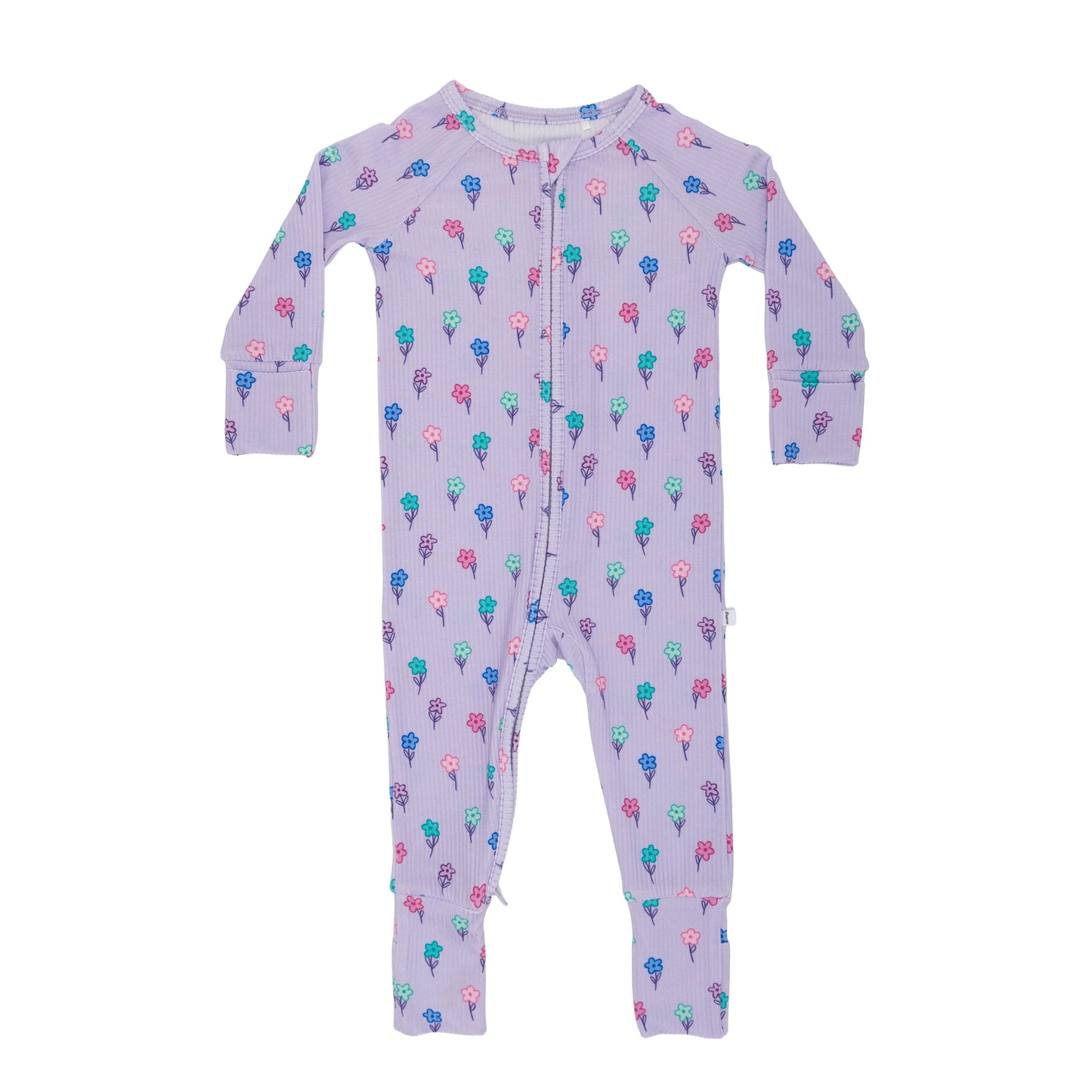 Bamboo Zip Sleeper w Fold-Over Feet | Lilac Daisies (Small Ribbed)