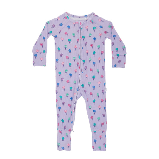Bamboo Zip Sleeper w Fold-Over Feet | Lilac Daisies (Small Ribbed)