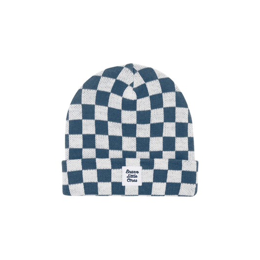Knit Beanie | Dark Steel Blue Checkered