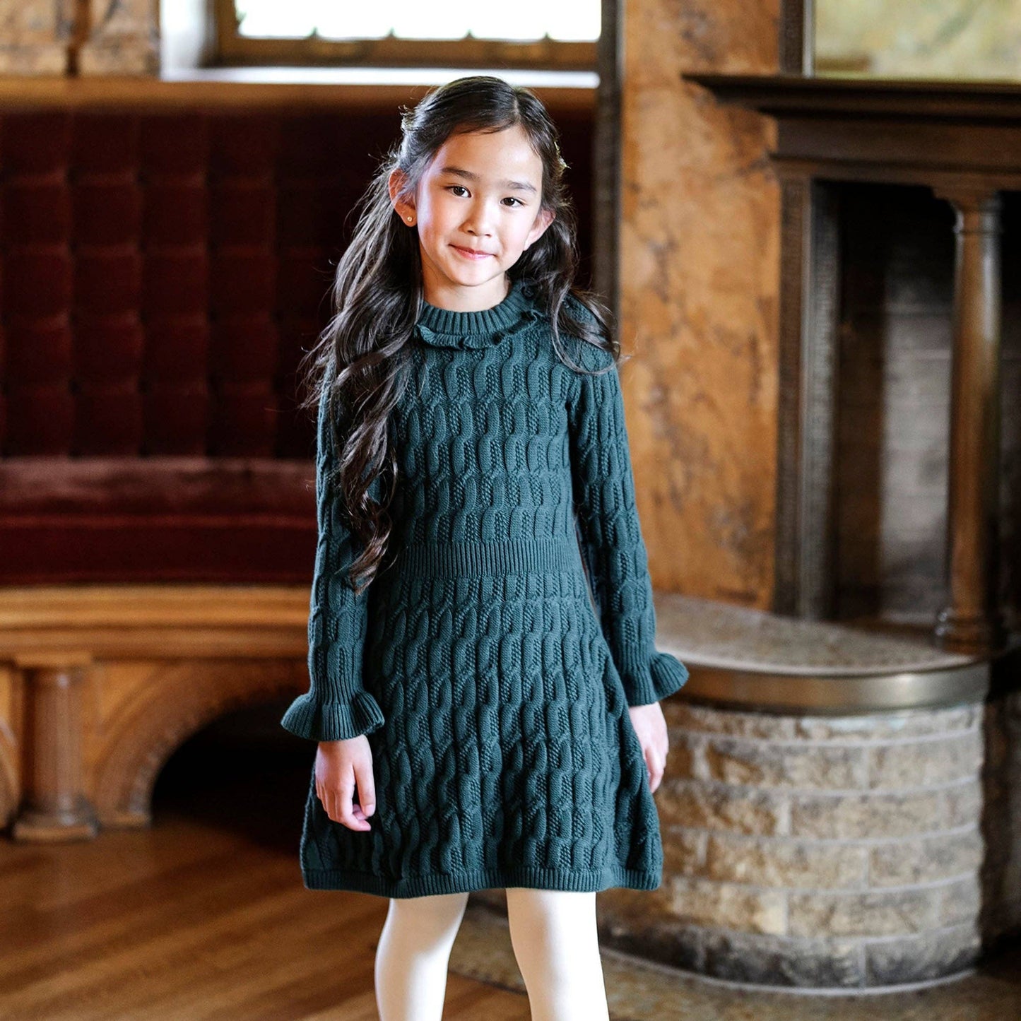 Organic Ruffle Edge Sweater Dress | Deep Green Cable