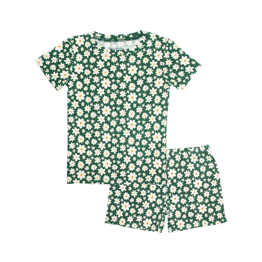 Shorts Bamboo Pajama Set | Green Floral (Ribbed)