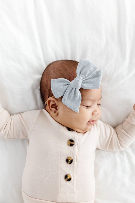 Linen Bow on Nylon Headband | Dove Blue