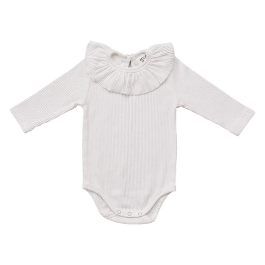 Ribbed Ruffle Bodysuit || White