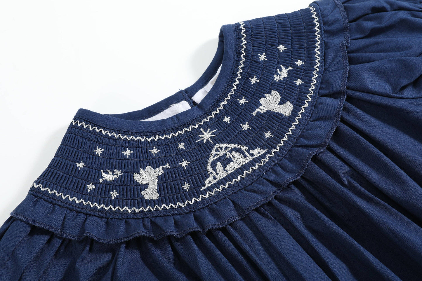Nativity Smocked Ruffle Romper | Navy Blue (18-24M)