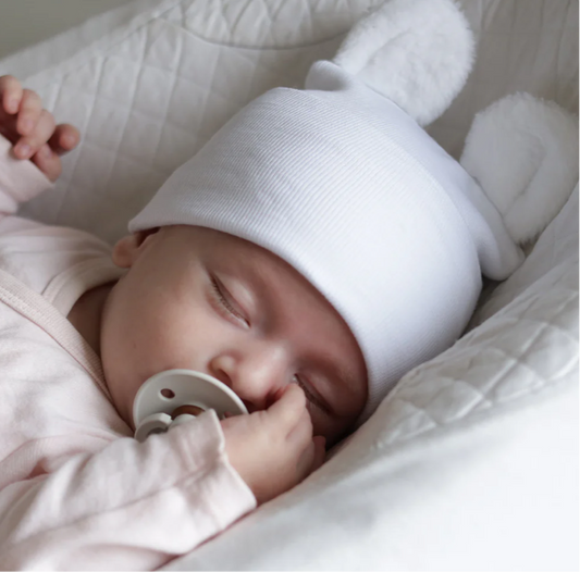 Newborn Hospital Hat with Pom | White with Fuzzy Bear Ears