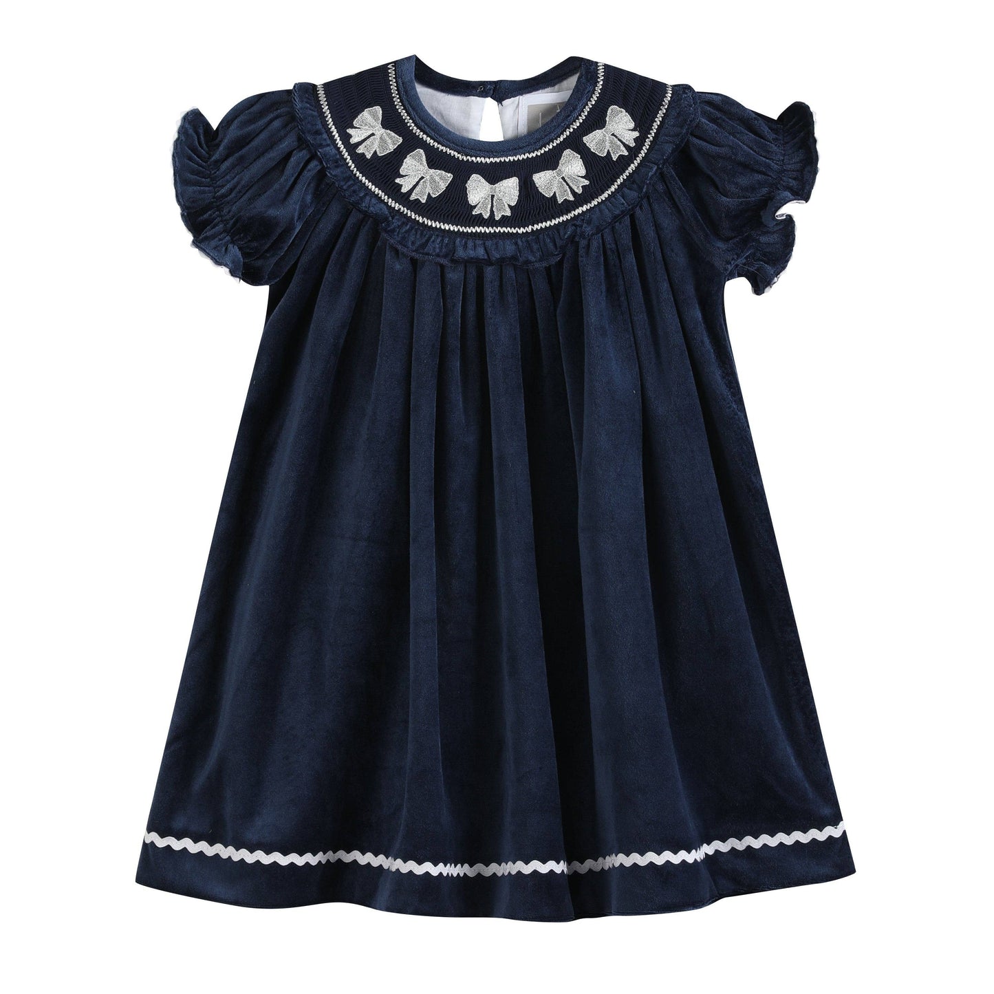 Silver Bows Smocked Ruffle Bishop Dress | Blue Velvet
