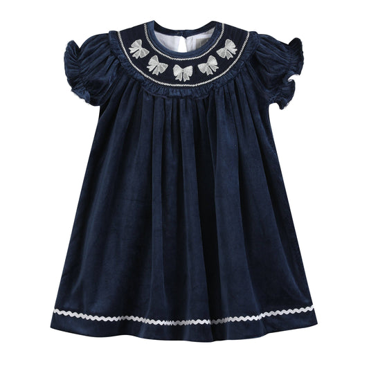 Silver Bows Smocked Ruffle Bishop Dress | Blue Velvet