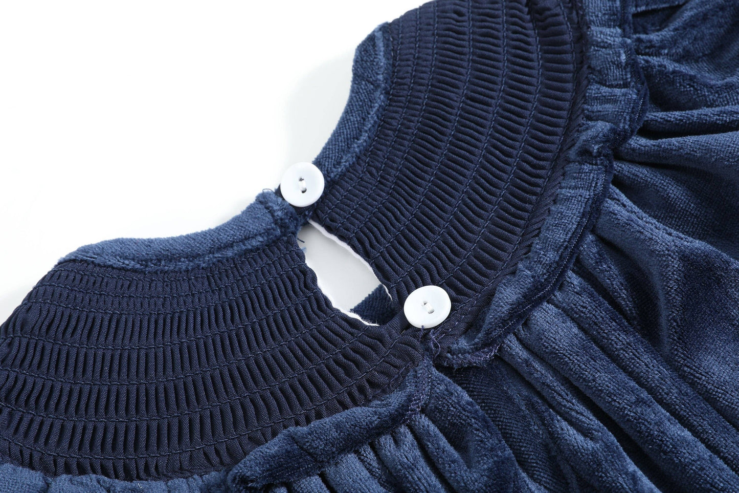 Silver Bows Smocked Ruffle Bishop Dress | Blue Velvet