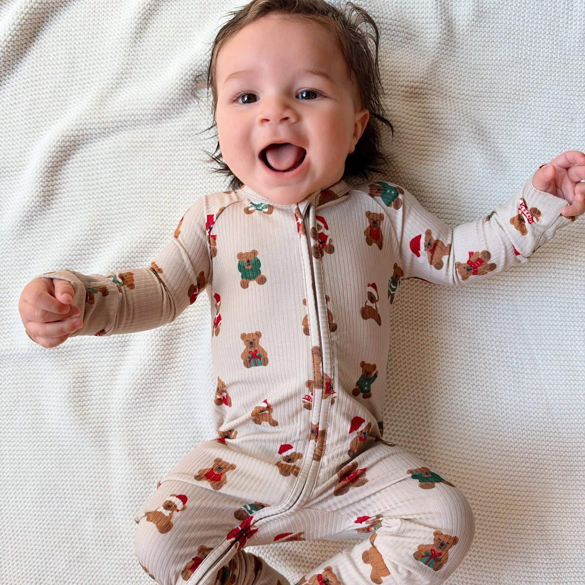 Teddy Bear | Small Ribbed Bamboo Zip Sleeper w/ Fold-Over Feet