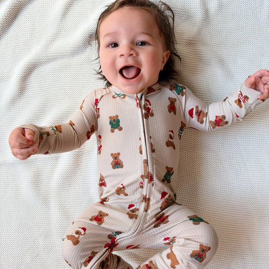 Teddy Bear | Small Ribbed Bamboo Zip Sleeper w/ Fold-Over Feet