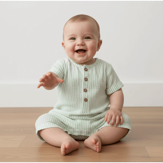 Organic Short Bubble Romper | Basil Stripes