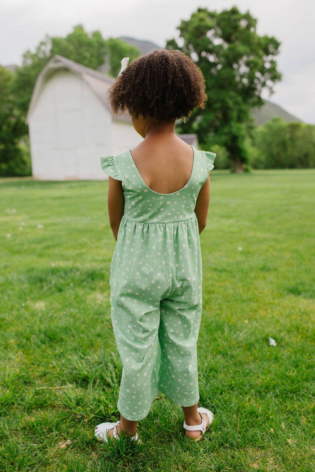 Ruffle Pant Romper in Green Daisy