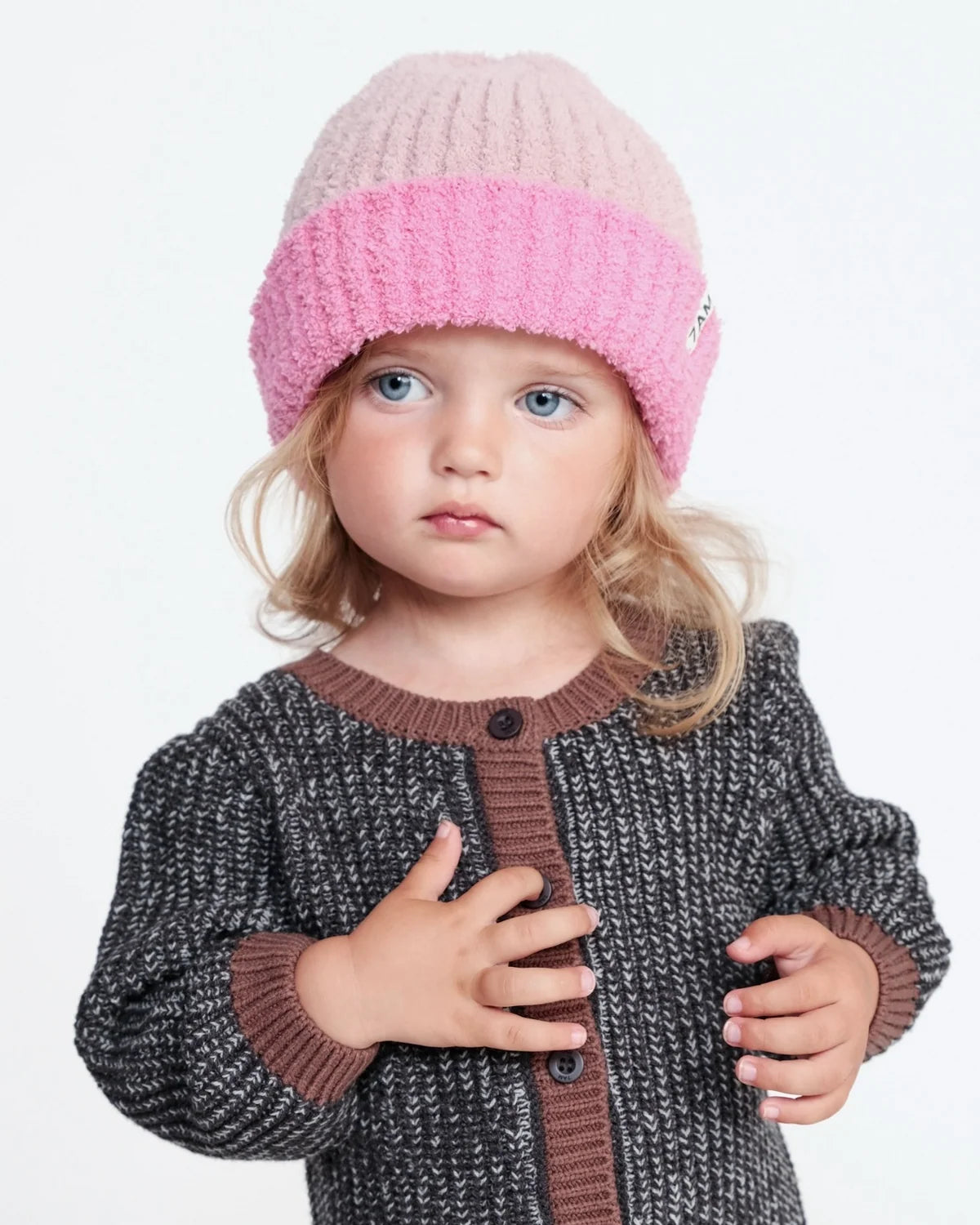 Two-Tone Fuzzy Ribbed Beanie | Vivid Pink Ash Rose