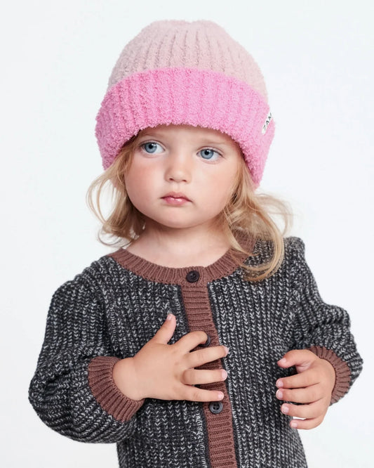Two-Tone Fuzzy Ribbed Beanie | Vivid Pink Ash Rose