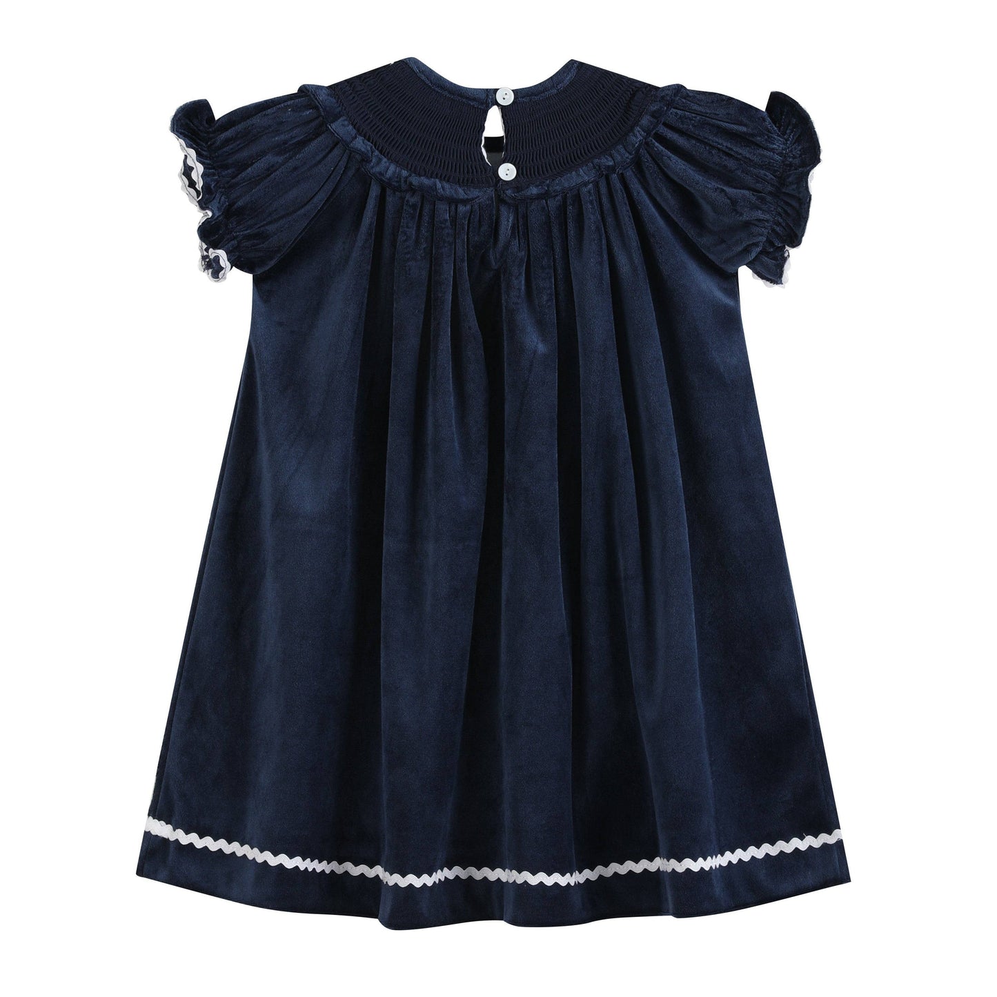 Silver Bows Smocked Ruffle Bishop Dress | Blue Velvet