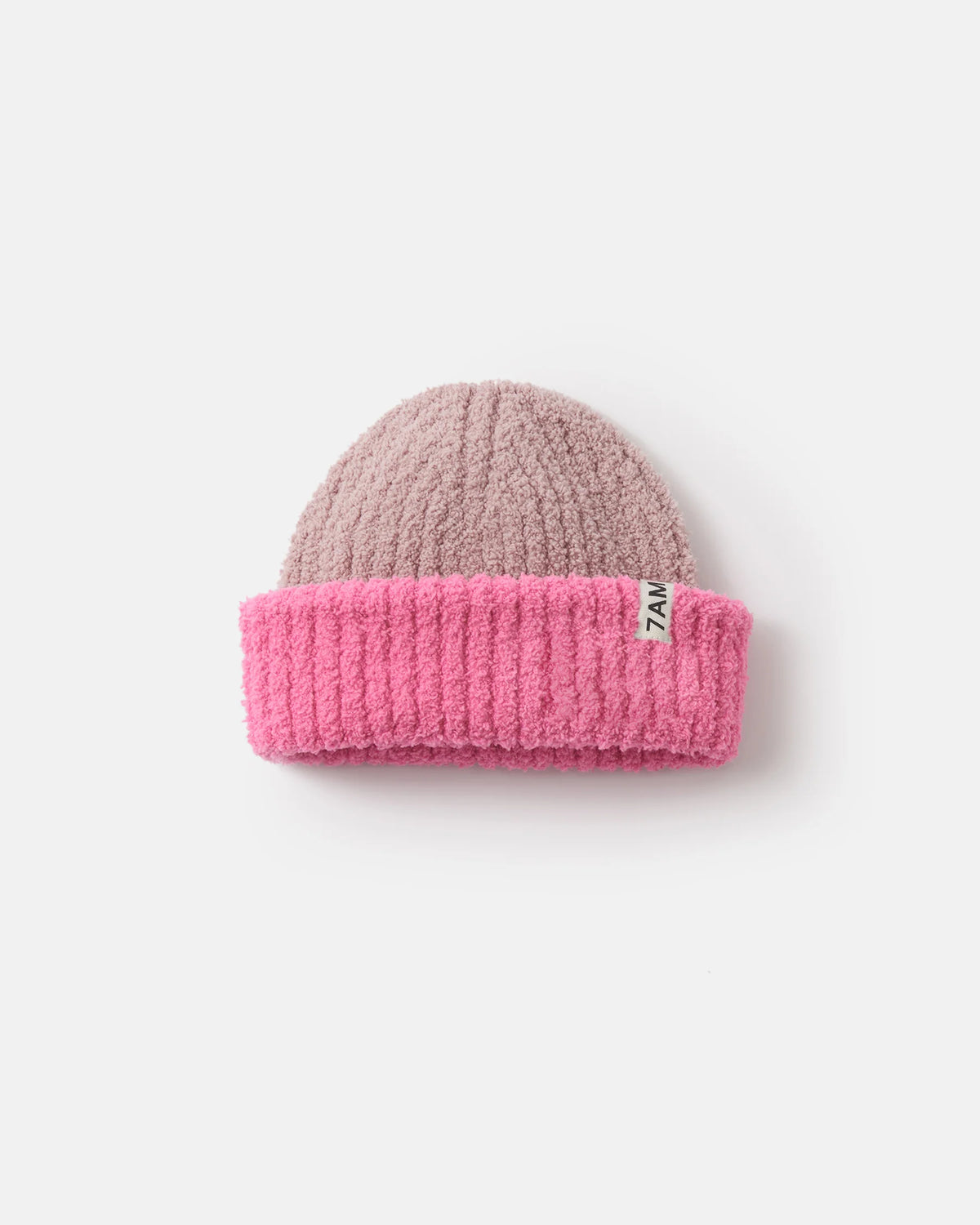 Two-Tone Fuzzy Ribbed Beanie | Vivid Pink Ash Rose
