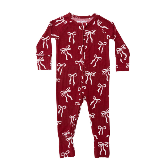 Red Coquette Bows | Small Ribbed Bamboo Zip Sleeper w/ Fold-Over Feet