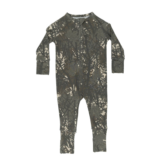 Bamboo Zip Sleeper w/ Fold-Over Feet  | Woodland Camo (Small Ribbed)