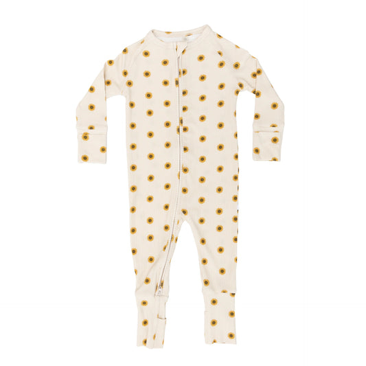 Bamboo Zip Sleeper w/ Fold-Over Feet  | Sunflowers (Small Ribbed)