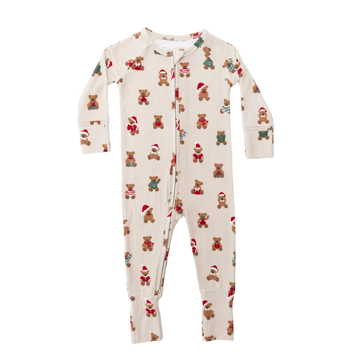 Teddy Bear | Small Ribbed Bamboo Zip Sleeper w/ Fold-Over Feet