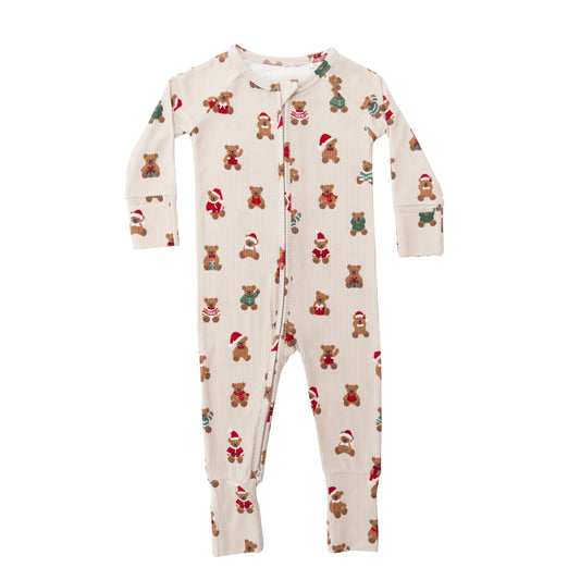 Teddy Bear | Small Ribbed Bamboo Zip Sleeper w/ Fold-Over Feet