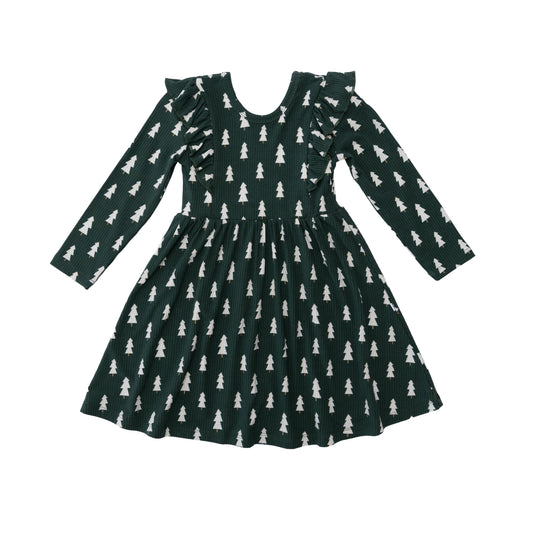 Christmas Trees | Small Ribbed Ruffle Long Sleeve Dress