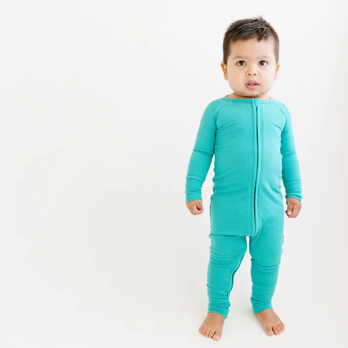 Bamboo Zip Sleeper w/ Fold-Over Feet  | Teal (Small Ribbed)