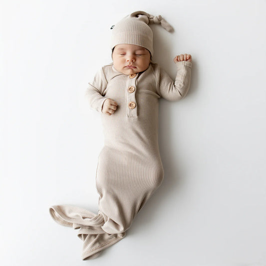 Ribbed Knotted Gown with Hat Set | Bisque